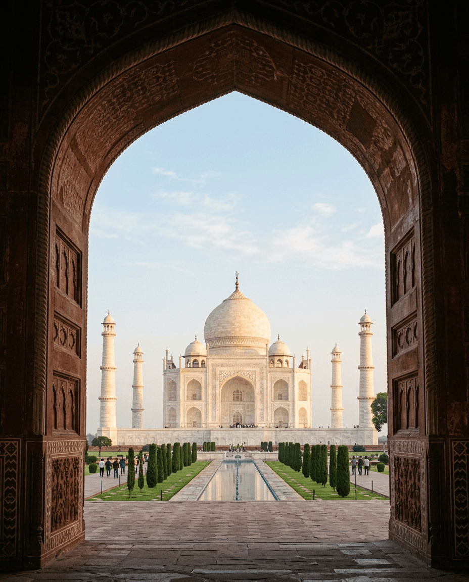The Taj Mahal framed through the arched red sandstone gateway at Agra