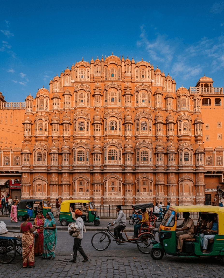 The pink sandstone Hawa Mahal in Jaipur lit by early morning sun