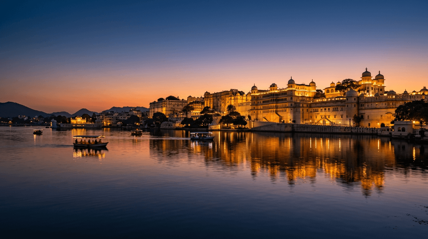Lake Palace in Udaipur floating on calm water at dusk