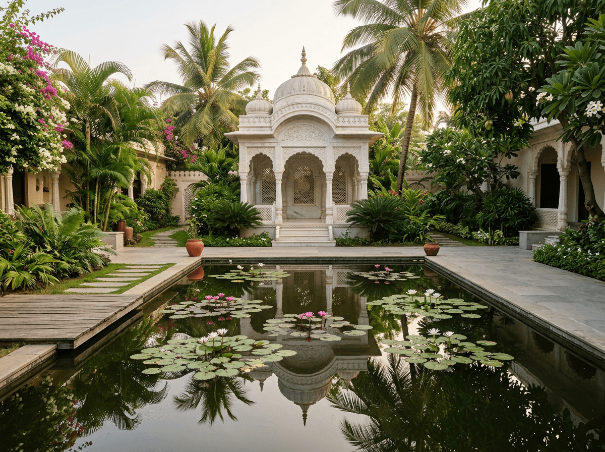 A calm courtyard in India with a lotus pond and carved stone arches